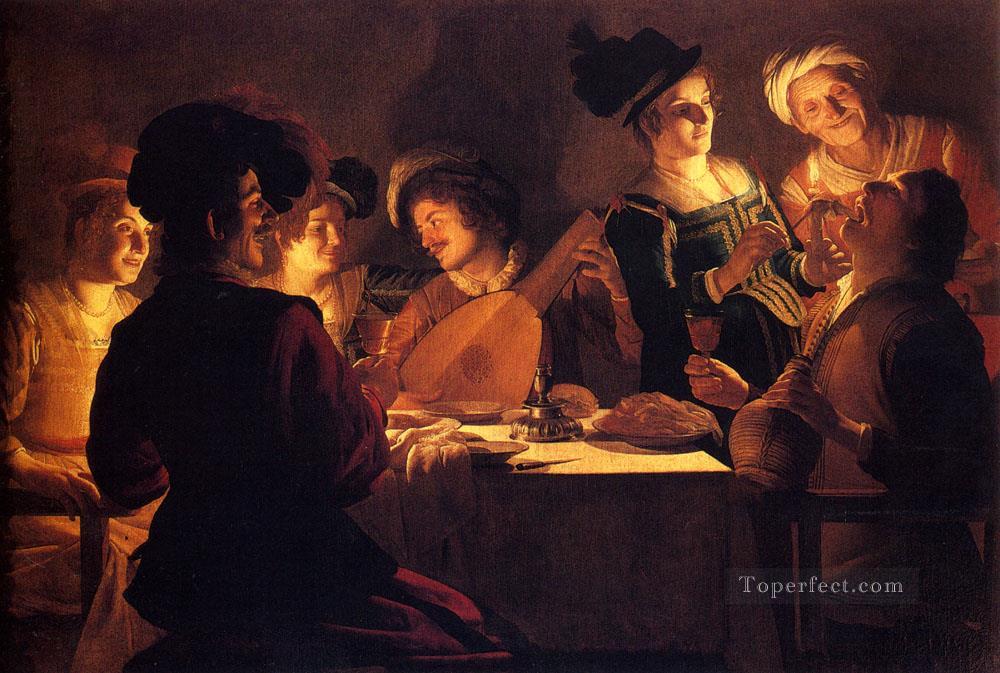 Supper With The Minstrel And His Lute nighttime candlelit Gerard van Honthorst Oil Paintings